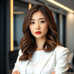 A 28-year-old Korean woman with shoulder-length wavy brown hair, wearing modern white and black office attire