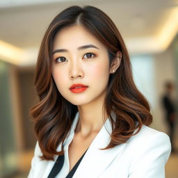 A 28-year-old Korean woman with shoulder-length wavy brown hair, wearing modern white and black office attire