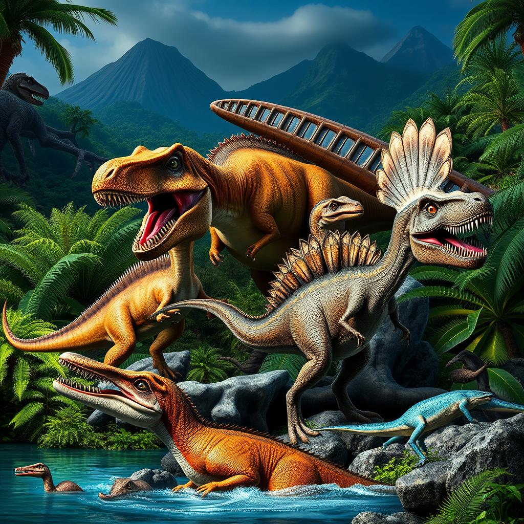 A vibrant group picture showcasing various species of realistically rendered carnivorous dinosaurs in a lush prehistoric environment