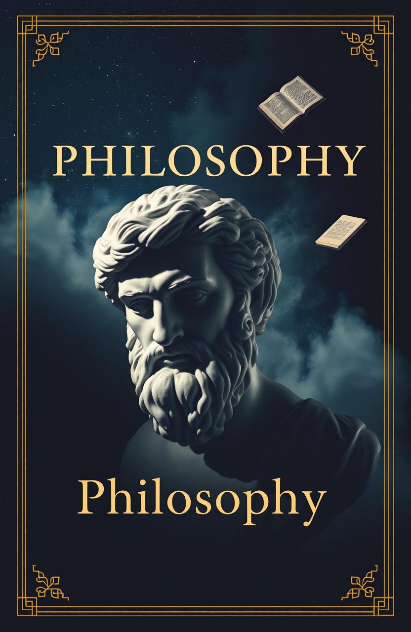 A sophisticated book cover on philosophy, conveying depth and reflection, featuring a classic Greek bust, such as Socrates or Plato, sculpted in marble, partially shrouded in shadows, emphasizing their contemplative expression