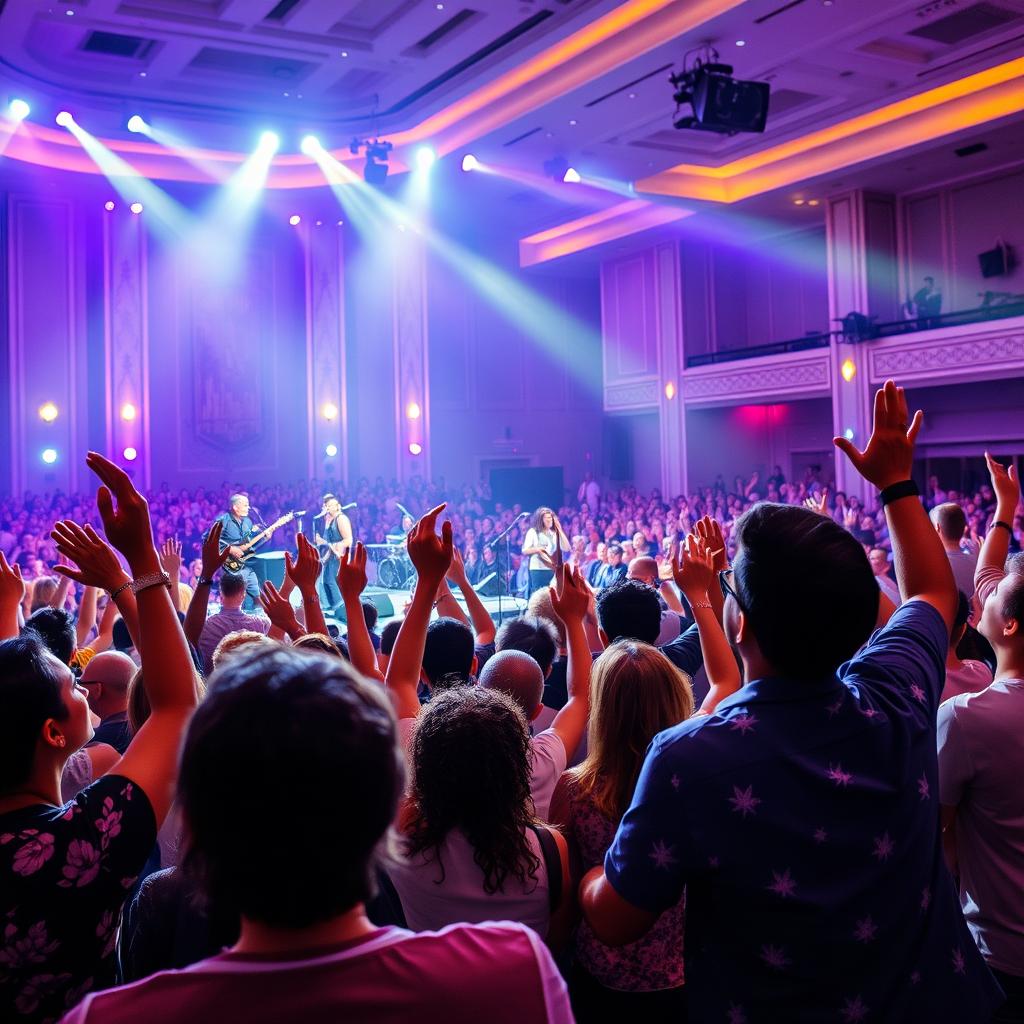 A worship concert scene filled with energy and spirituality, featuring a diverse group of people singing and raising their hands in a large, beautifully decorated auditorium