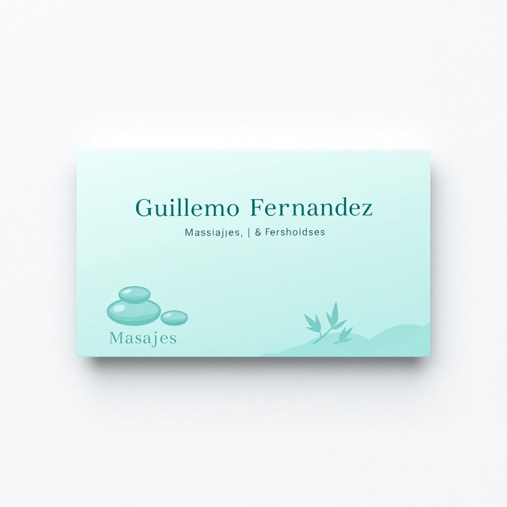 A business card design for 'Masajes Guillermo Fernández', featuring a calming and soothing color scheme of soft blues and greens