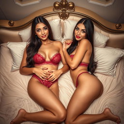 Two gorgeous young Arabic brunette twin sisters with long hair, thin, petite yet busty with big booties, elegantly dressed in seductive lingerie