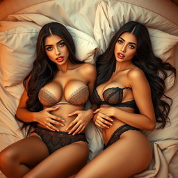 Two gorgeous young Arabic brunette twin sisters with long hair, thin, petite yet busty with big booties, dressed in alluring lingerie