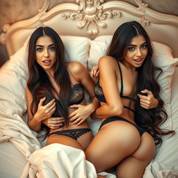 Two gorgeous young Arabic brunette twin sisters with long hair, thin, petite, yet busty with big booties, wearing alluring lingerie
