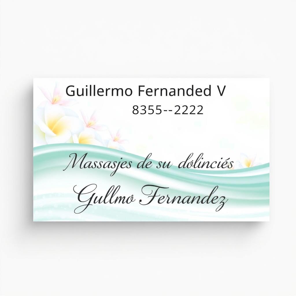 A business card design for a massage therapy service, featuring the name 'Guillermo Fernández V' prominently at the top