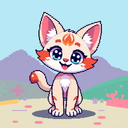A pixel art character designed as a cute and playful cat, showcasing vibrant colors and playful expressions
