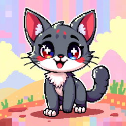 A pixel art character designed as a cute and playful cat, showcasing vibrant colors and playful expressions