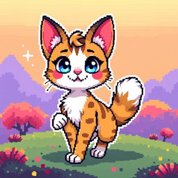 A pixel art character designed as a cute and playful cat, showcasing vibrant colors and playful expressions