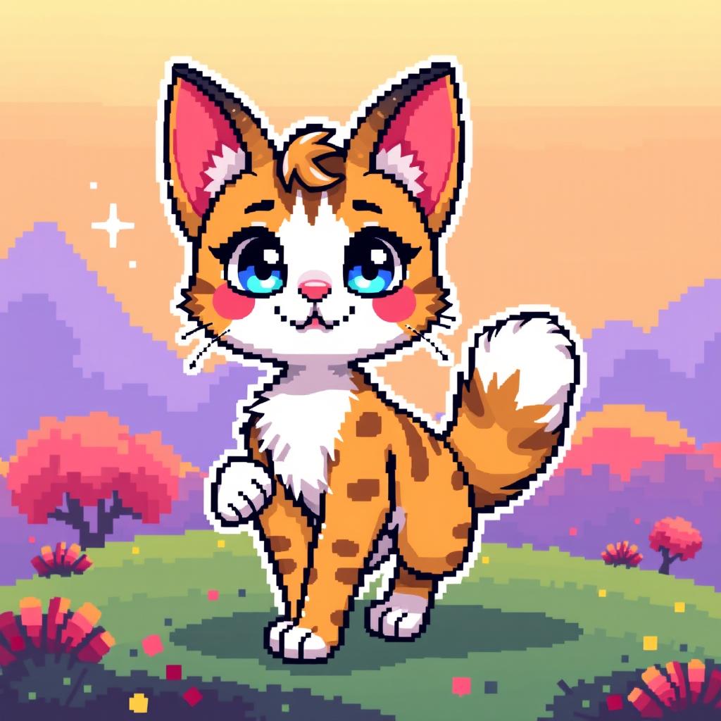 A pixel art character designed as a cute and playful cat, showcasing vibrant colors and playful expressions