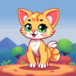A pixel art character designed as a cute and playful cat, showcasing vibrant colors and playful expressions