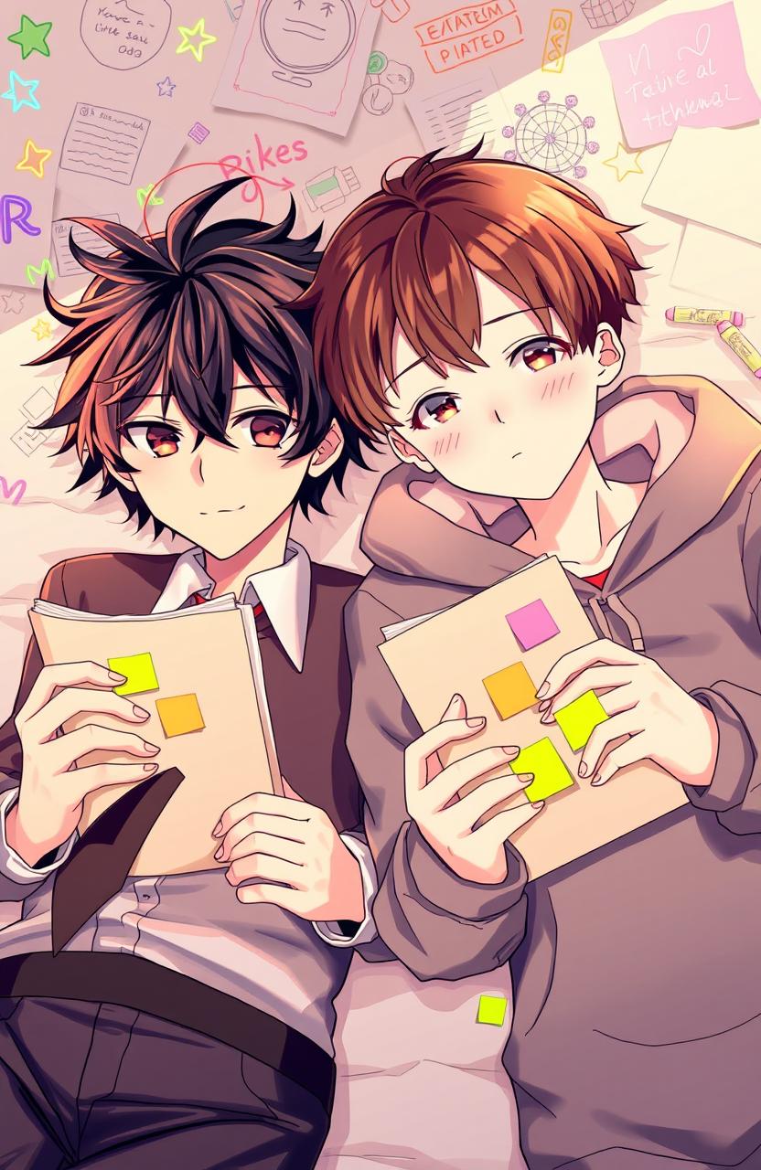 A vibrant, stylized anime illustration of two teenage boys lying on a background filled with scattered exam papers, highlighters, and doodles