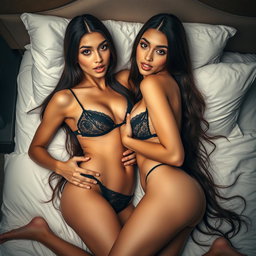 Two gorgeous young Arabic brunette twin sisters with long hair, thin, petite, yet busty with big booties, wearing enticing lingerie