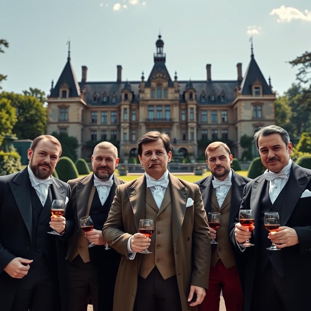 A group of noble men dressed in elegant aristocratic attire, standing in front of a majestic castle with a grand estate in the background