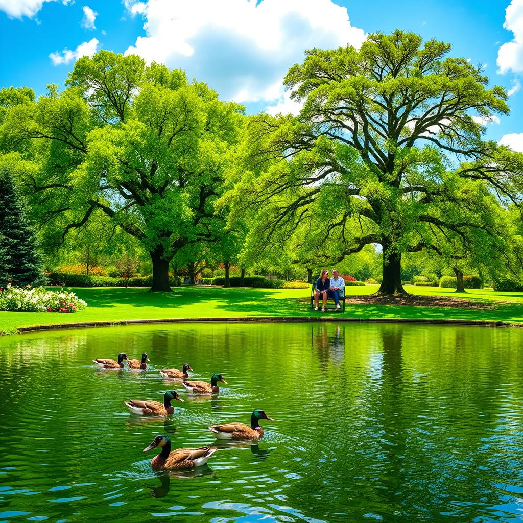 A serene and lush green park with a peaceful pond at its center, surrounded by blossoming flowers and tall trees with vibrant green leaves