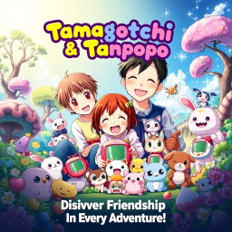 A captivating movie poster for 'Tamagotchi & Tanpopo', released in 2008, featuring human characters in an anime-style illustration
