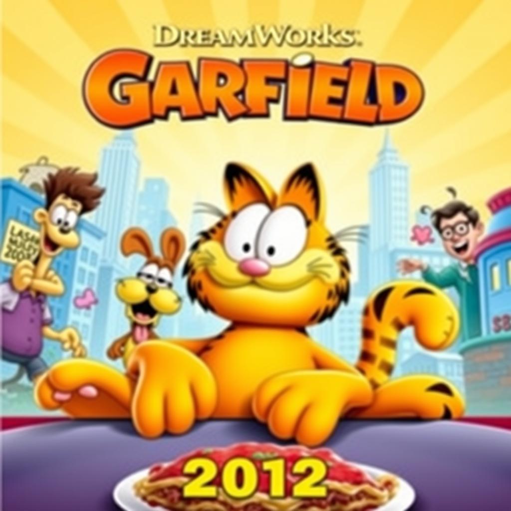 A colorful and vibrant movie poster for 'DreamWorks Garfield' (2012), featuring the iconic lasagna-loving cat, Garfield, in an action-packed and comedic scene