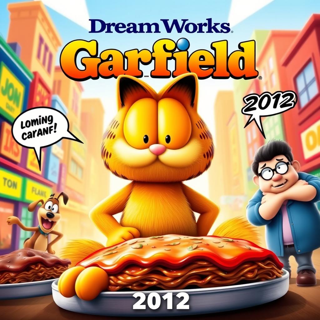 A vibrant and playful movie poster for 'DreamWorks Garfield' (2012), featuring the iconic orange cat, Garfield, at the center of the design, looking confident and humorous