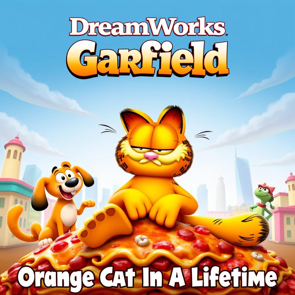 A lively and eye-catching movie poster for 'DreamWorks Garfield' (2012), featuring the beloved orange cat, Garfield, dominating the scene