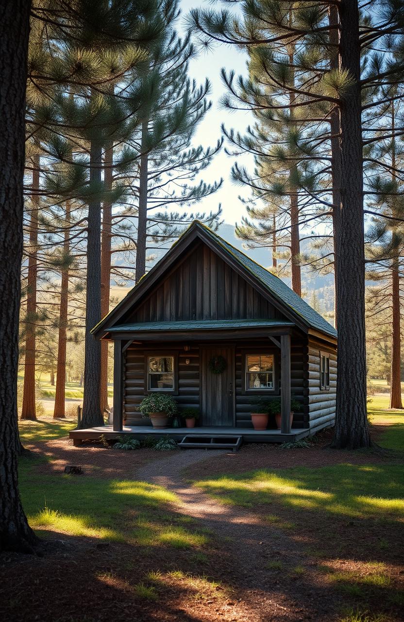 A small, rustic old cabin nestled in a tranquil pine forest