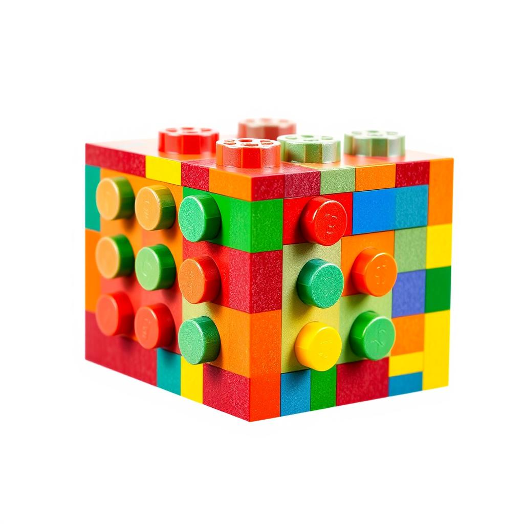An isolated image of a vibrant, colorful LEGO brick, featuring intricate details of its studded surface and interlocking features, with no background or text present, showcasing the versatility and creativity associated with these building blocks