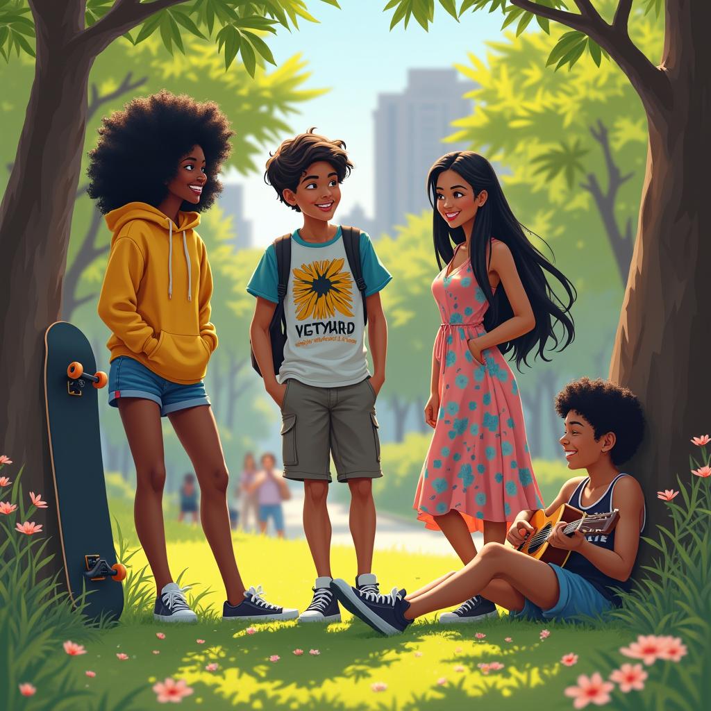 A stylish, vibrant urban scene featuring a group of diverse teenagers hanging out in a park