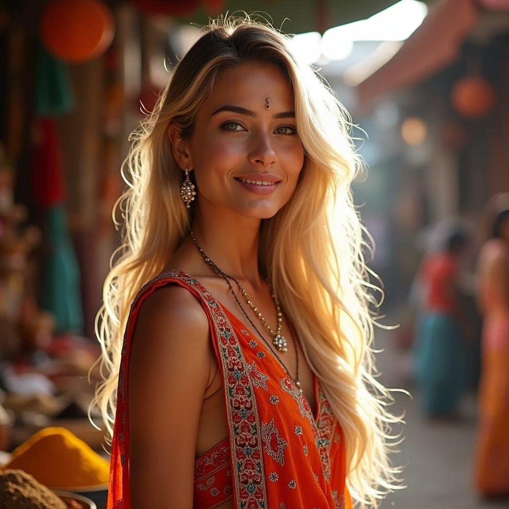 A stunning portrait of a blonde Indian woman with long, flowing hair and striking features