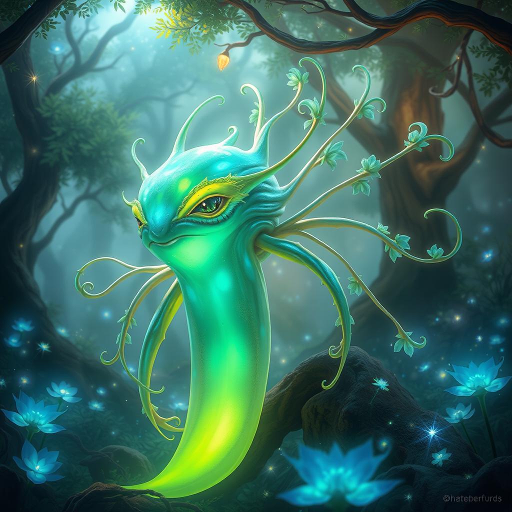 A fantastical creature that reproduces asexually, featuring a unique blend of characteristics: it has a soft, glowing body with vibrant hues of blue and green, resembling organic bioluminescence