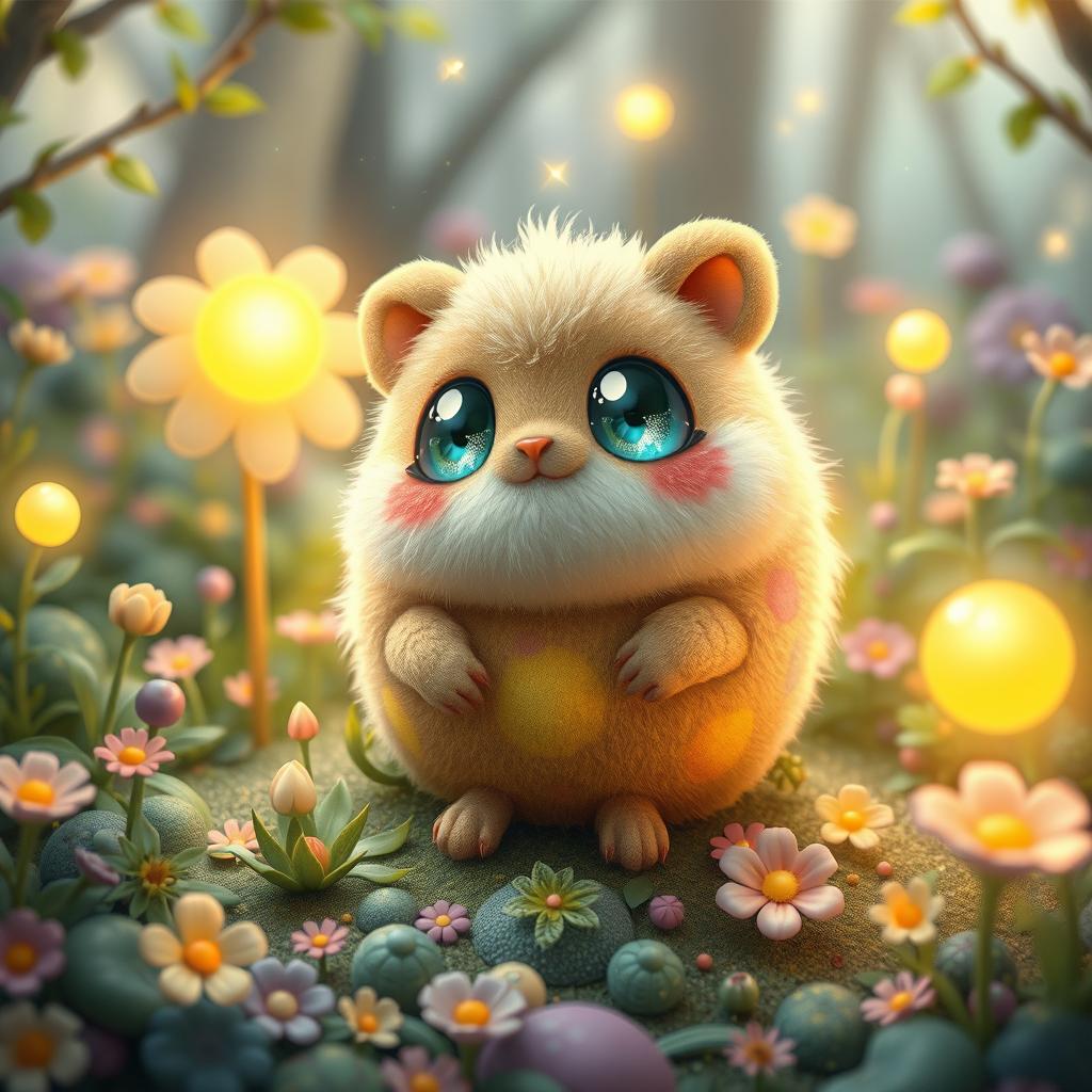 A highly imaginative creature that reproduces asexually, resembling a small, adorable cartoonish animal with big sparkling eyes and fluffy fur