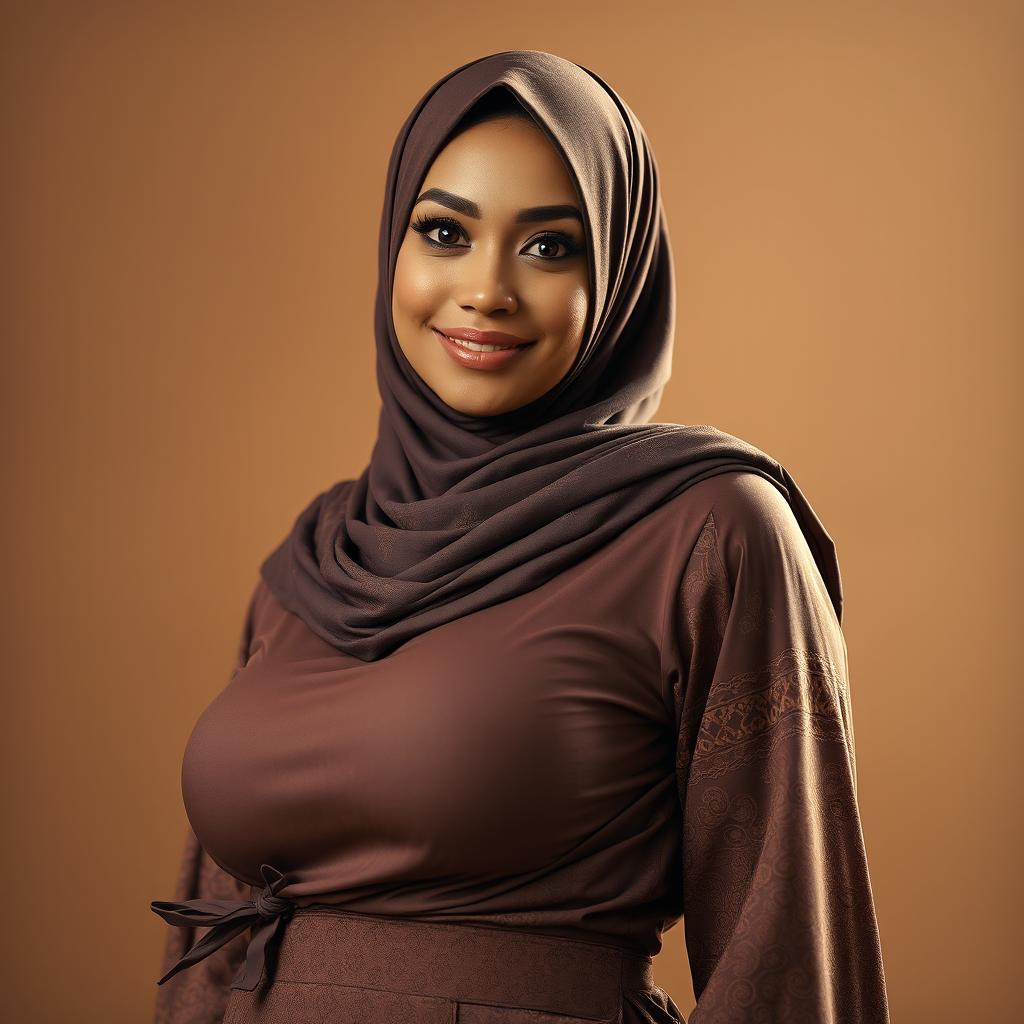 A captivating woman in a fully covered hijab, highlighting her curvaceous figure and large bust while exuding an aura of charm and allure