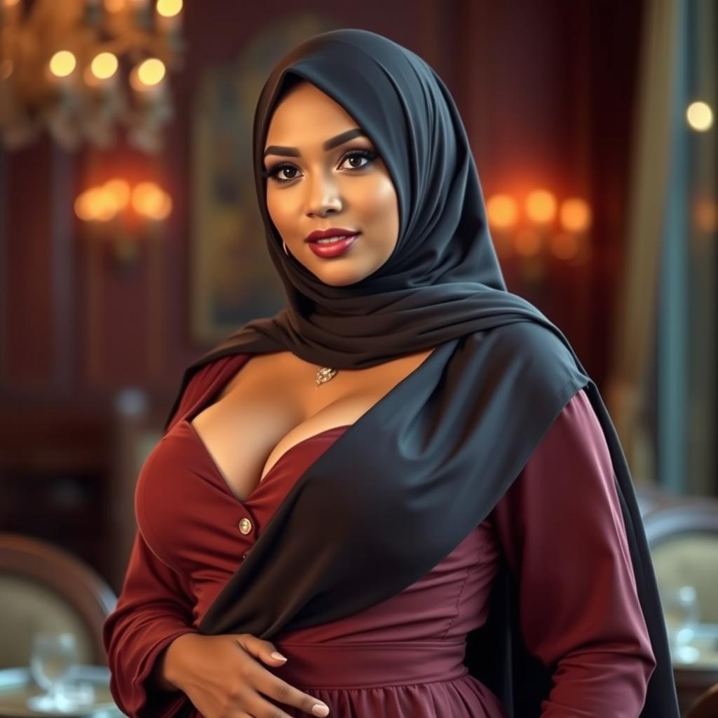 A captivating woman in a fully covered hijab, showcasing her curvaceous figure and prominent bust, radiating a confident and alluring presence