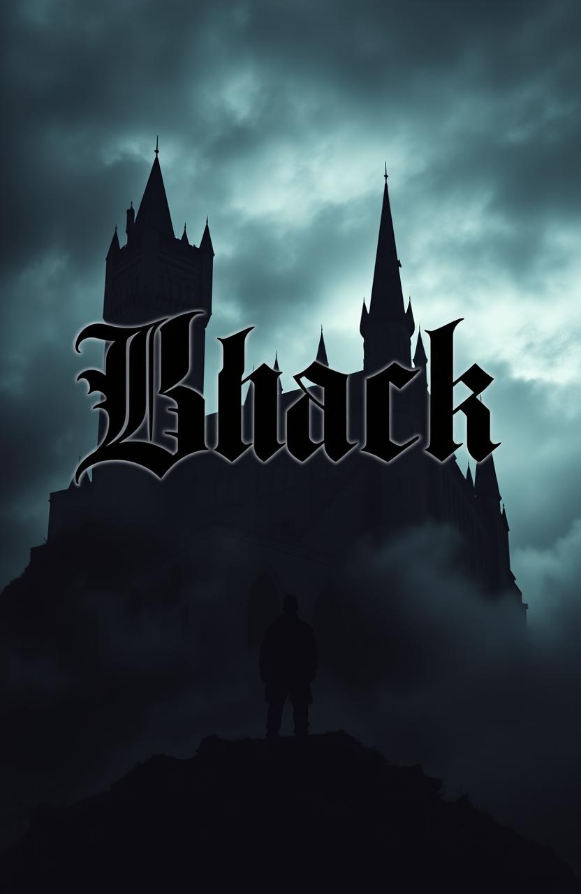 A dark and ominous castle perched on a hill under a stormy sky, with a lone silhouette of a man standing prominently in the foreground