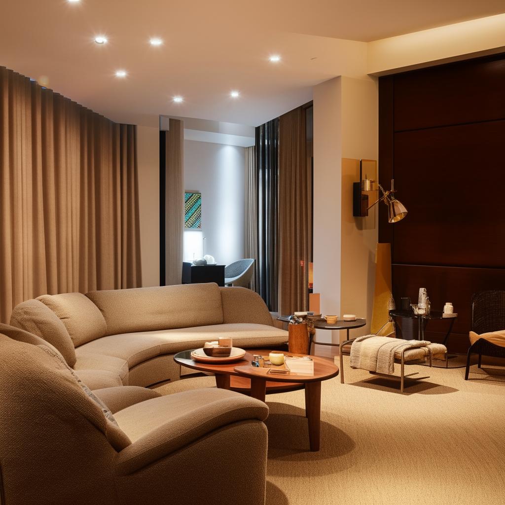 Generate an image of a beautifully designed, modern, and well-lit room filled with comfortable furniture and tasteful decor.