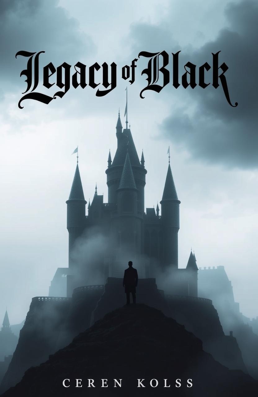 A dramatic scene featuring a dark, imposing castle perched on a hill, shrouded in mist