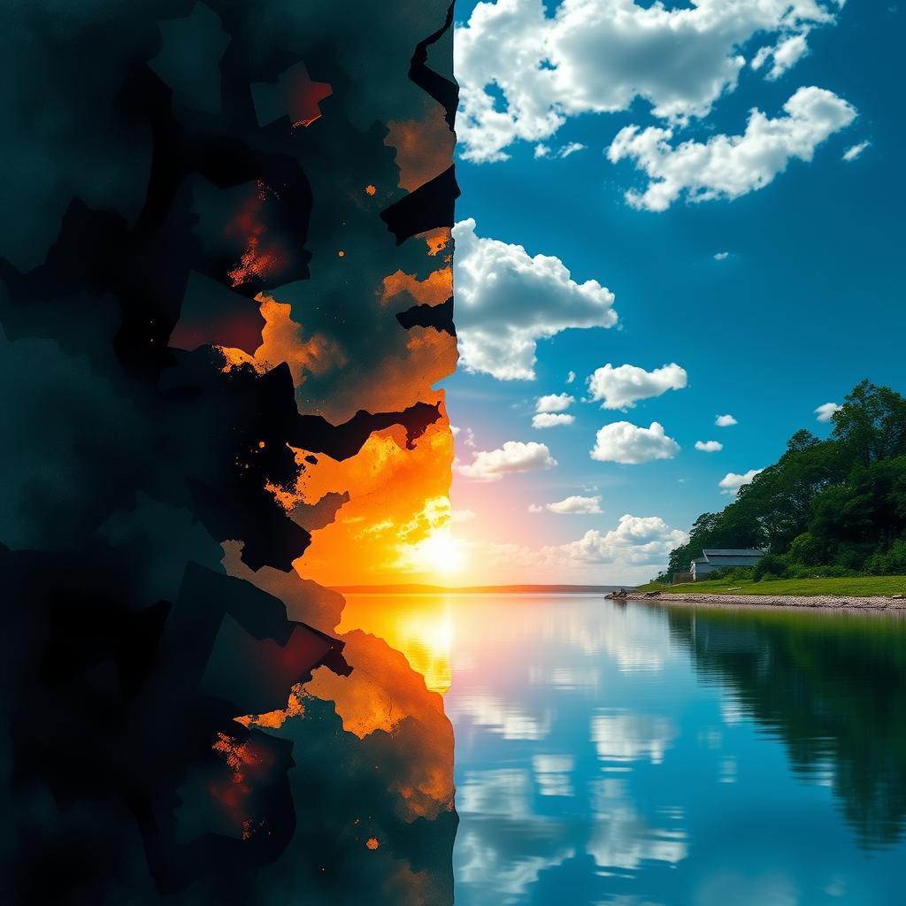 A visually striking image divided into two halves: the left side represents chaos with an abstract background featuring dark colors and disordered shapes, evoking feelings of turmoil and disorder