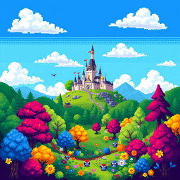 A vibrant pixel art scene depicting a fantasy landscape