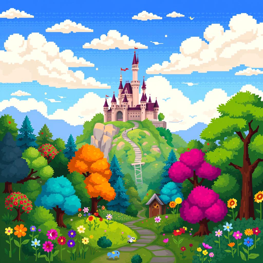 A vibrant pixel art scene depicting a fantasy landscape