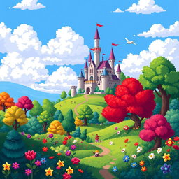 A vibrant pixel art scene depicting a fantasy landscape