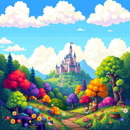 A vibrant pixel art scene depicting a fantasy landscape