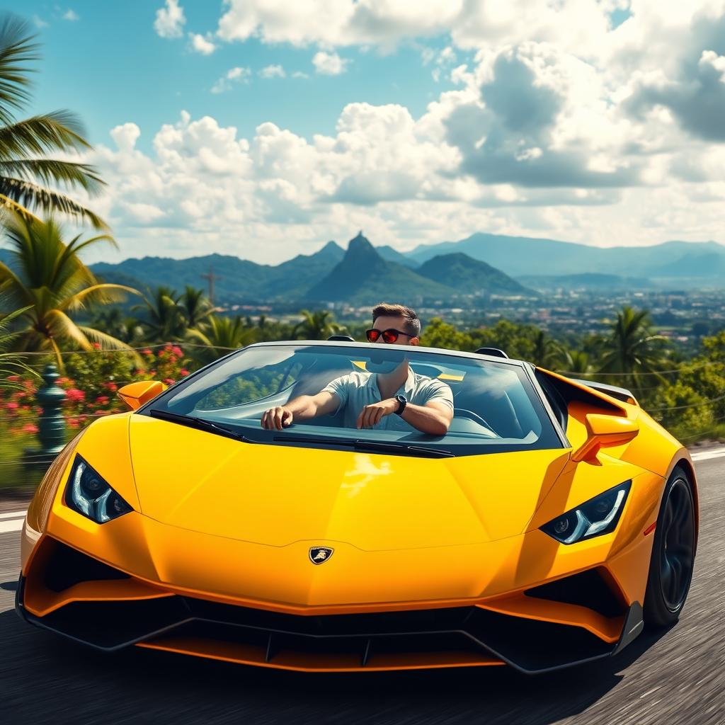 A vibrant scene showing a person driving a luxurious Lamborghini through the picturesque landscapes of Brazil