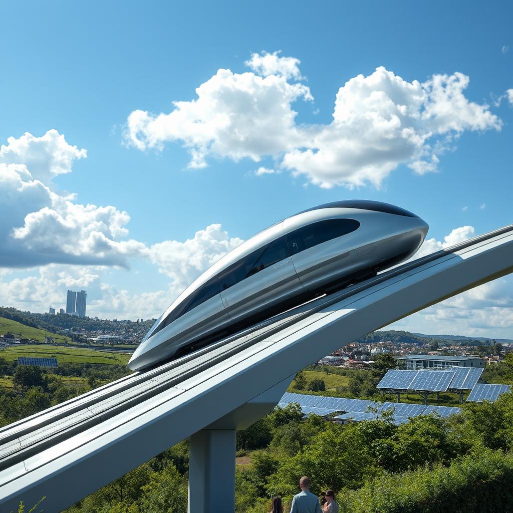 A futuristic Tesla bullet train speeding along a sleek, elevated track in a lush green landscape