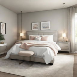 Generate an image of a tranquil and stylish bedroom, featuring a plush bed, elegant furnishings, soft lighting, and soothing color palette.