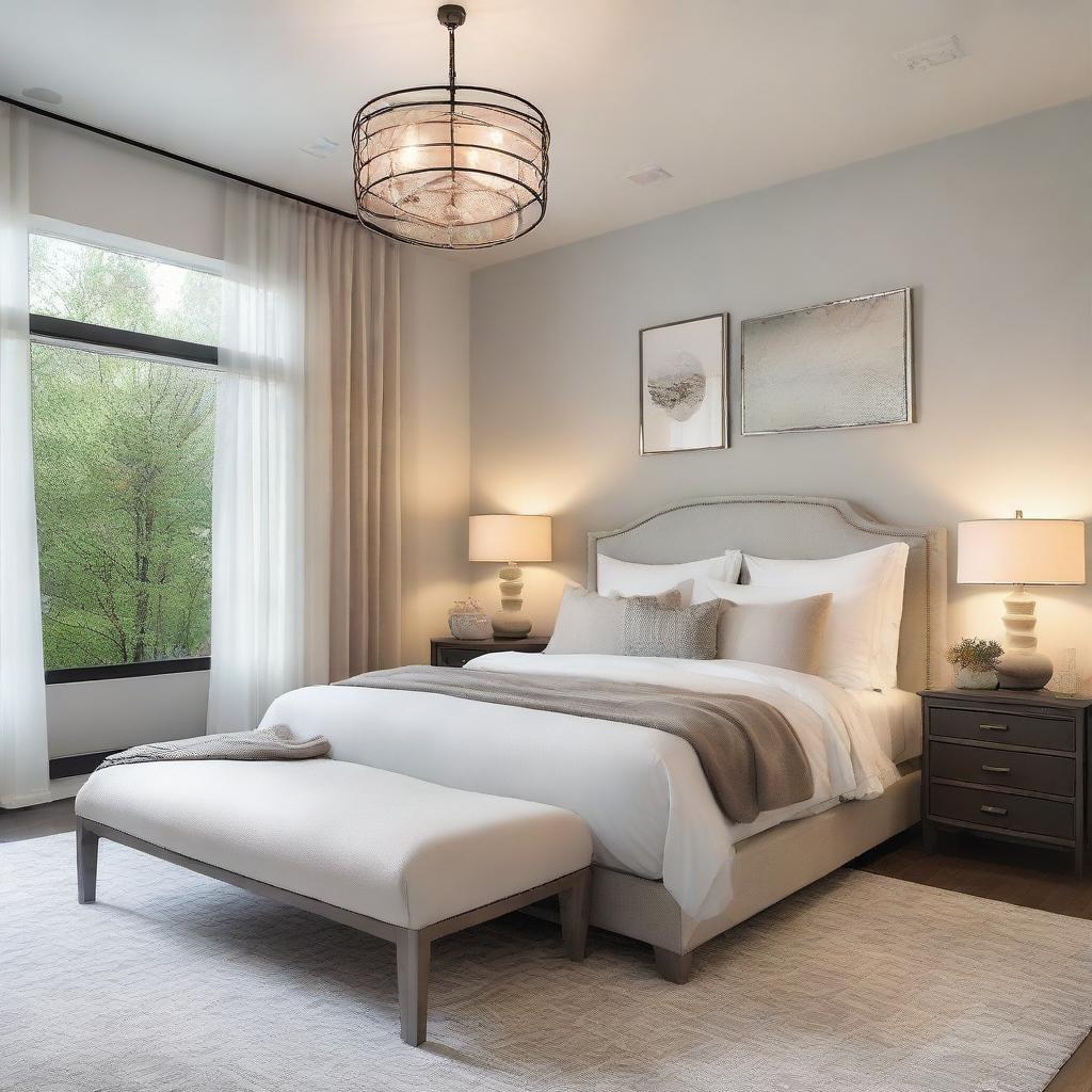 Generate an image of a tranquil and stylish bedroom, featuring a plush bed, elegant furnishings, soft lighting, and soothing color palette.