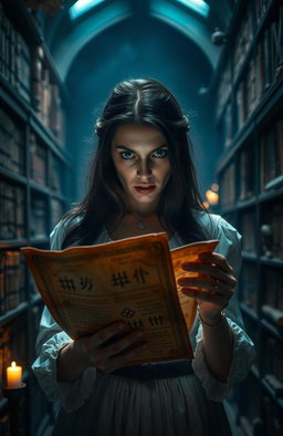 A woman in a dimly lit, ancient library, her face a mask of horror as she stares at an old, weathered scroll in her hands