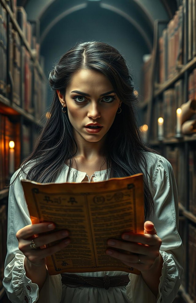 A woman in a dimly lit, ancient library, her face a mask of horror as she stares at an old, weathered scroll in her hands