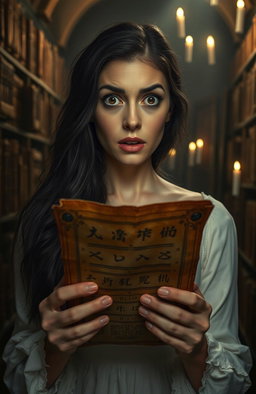 A woman in a dimly lit, ancient library, her face a mask of horror as she stares at an old, weathered scroll in her hands