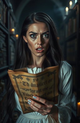 A woman in a dimly lit, ancient library, her face a mask of horror as she stares at an old, weathered scroll in her hands