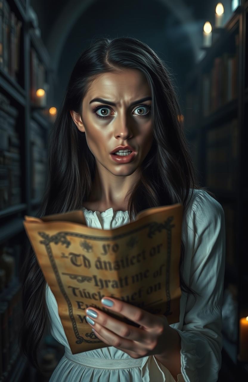 A woman in a dimly lit, ancient library, her face a mask of horror as she stares at an old, weathered scroll in her hands