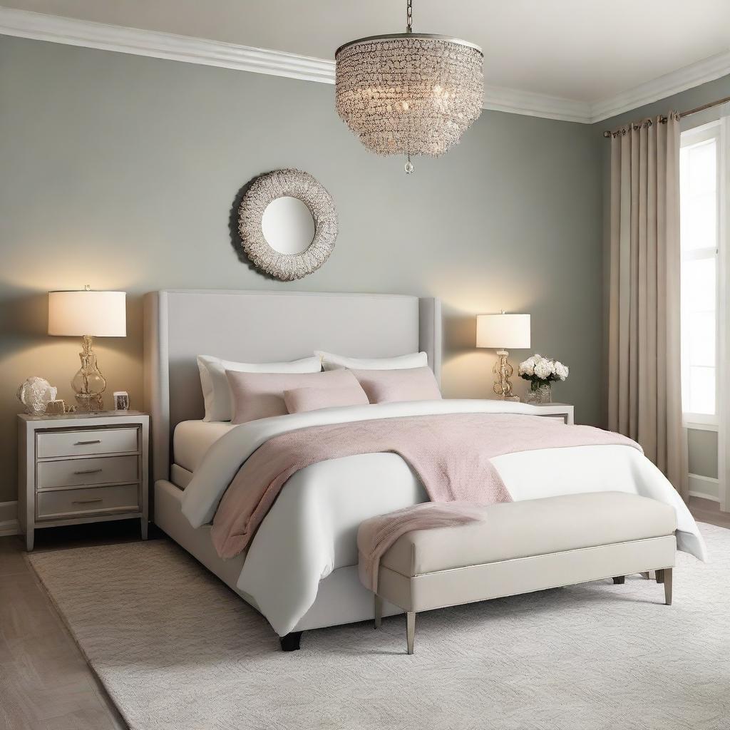 Generate an image of a tranquil and stylish bedroom, featuring a plush bed, elegant furnishings, soft lighting, and soothing color palette.