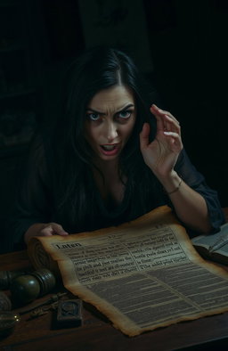 A woman with an expression of horror and shock, staring wide-eyed at an ancient, rolled-up scroll resting on a wooden table